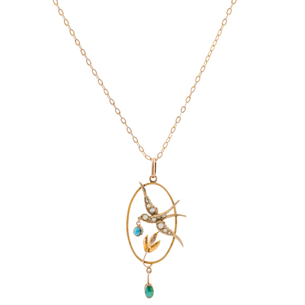 Turquoise and Seed Pearl Swallow Necklace in 9ct Gold - image 1