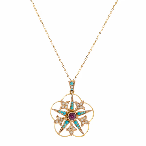 Amethyst and Turquoise Starburst Pendant in 9ct Gold - image 1