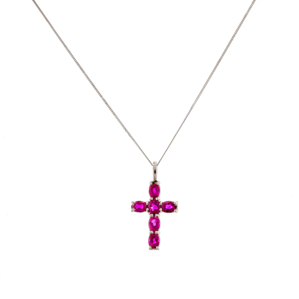 18ct White Gold Thai Ruby Cross Pendant Necklace - image 1