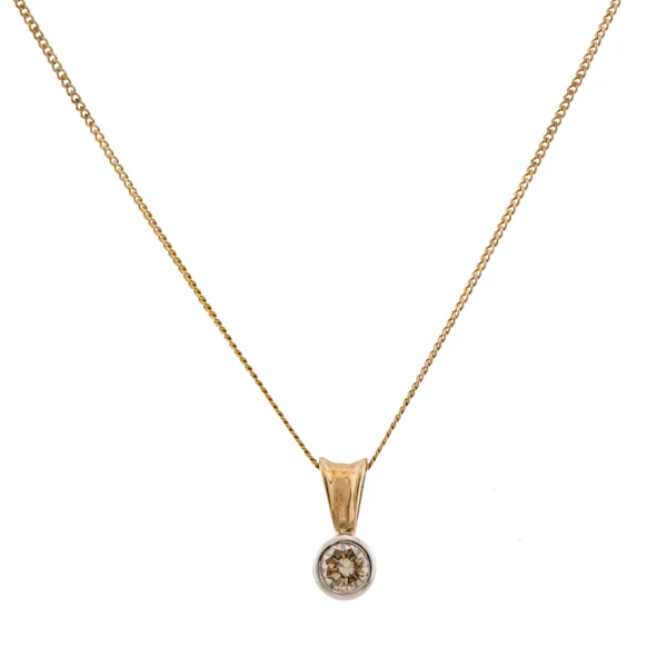 Vintage 9ct Gold Rubover Brown Diamond Pendant on Chain - image 1