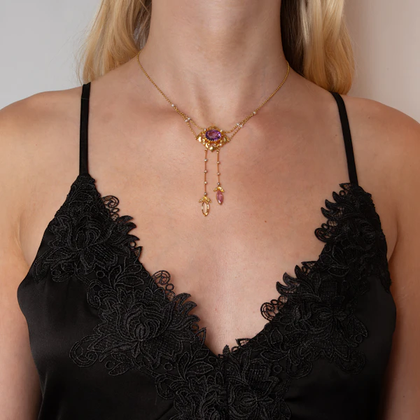 Antique Yellow Gold Amethyst & Topaz Drop Necklace - image 2