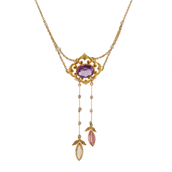Antique Yellow Gold Amethyst & Topaz Drop Necklace - image 1