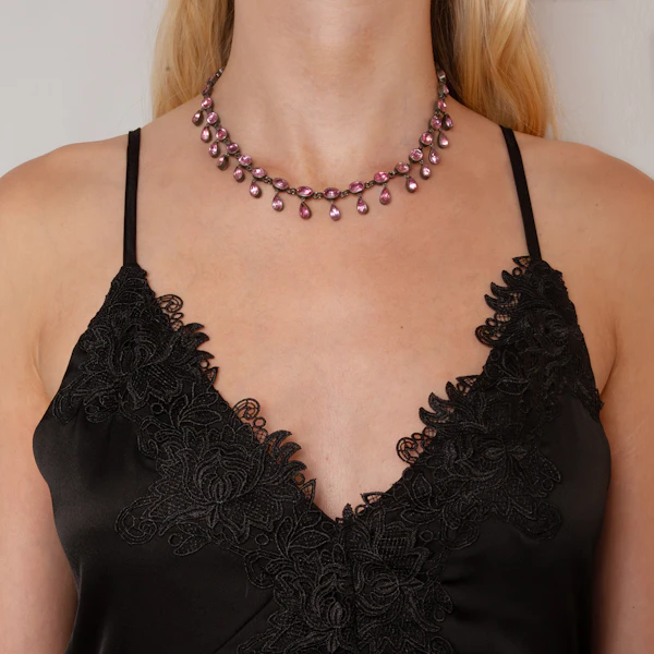 Silver Pink Foil Backed Paste Riviere Necklace - image 2