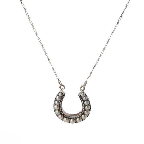 Platinum Diamond and Pearl Horseshoe Necklace - image 1