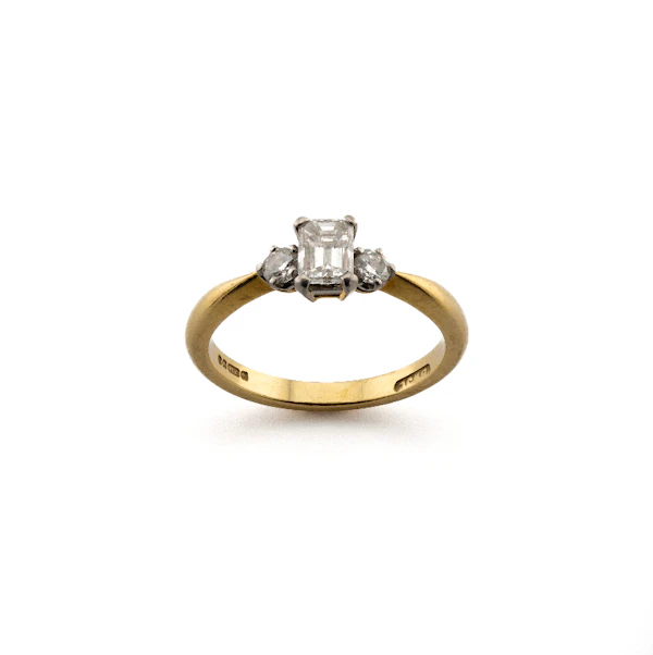 18ct Gold Emerald Cut Diamond Trilogy Ring - image 1