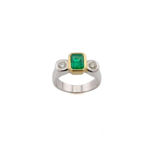 Vintage 18ct Two-Colour Gold Emerald & Diamond Trilogy Ring - image 1