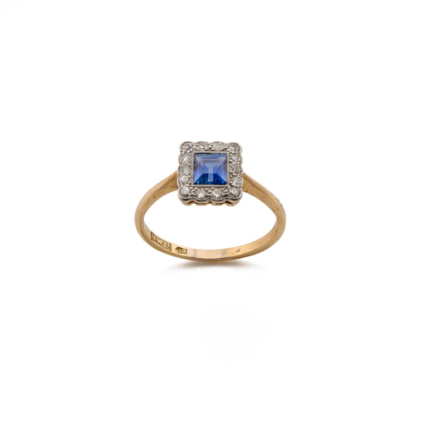 18ct Yellow Gold Sapphire and Diamond Square Cluster, Spectrum Antiques - image 1