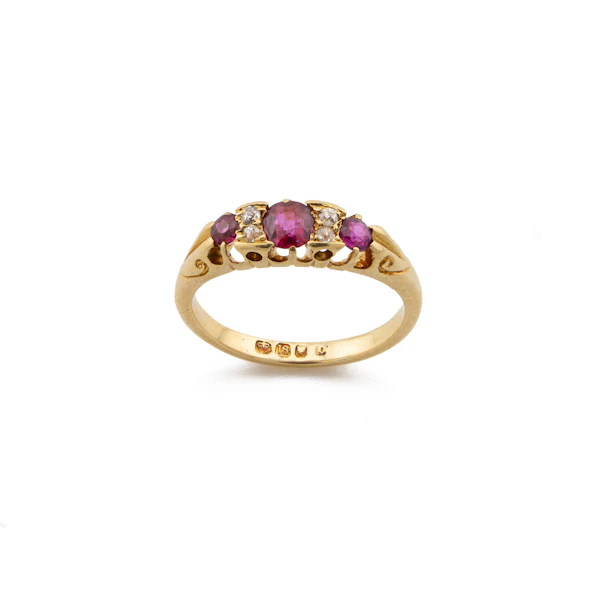 Art Deco 18ct Gold Ruby & Diamond Five Stone Ring, Spectrum Antiques - image 1