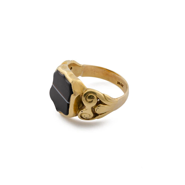 Art Nouveau Banded Agate Shield Signet Ring in 10ct Gold, Spectrum Antiques - image 1