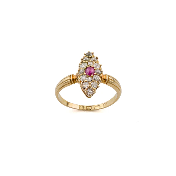 Victorian Burma Ruby and Diamond Navette Ring in 18ct Gold, Spectrum Antiques - image 1