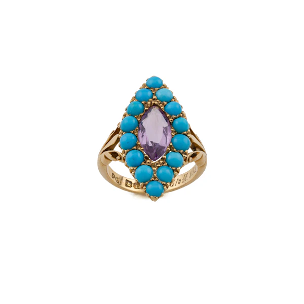 Edwardian Turquoise and Amethyst Navette Ring in 18ct Gold, Spectrum Antiques - image 1