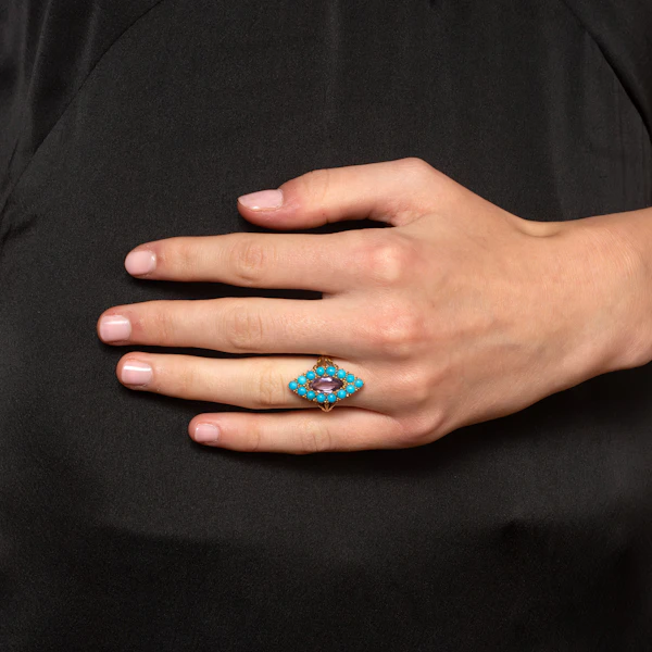 Edwardian Turquoise and Amethyst Navette Ring in 18ct Gold, Spectrum Antiques - image 2