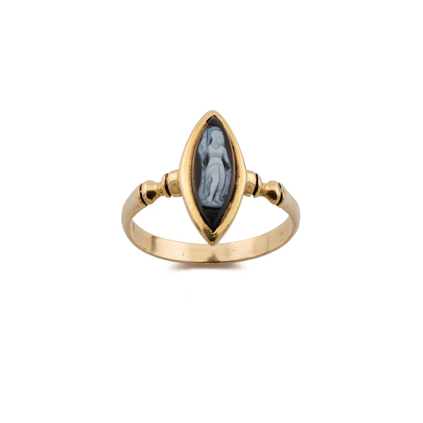 Victorian 18ct Gold Banded Agate Cameo Navette Ring, Spectrum Antiques - image 1