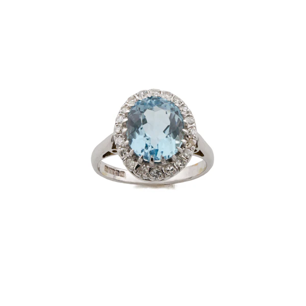18ct White Gold Aquamarine and Diamond Halo Cluster Ring, Spectrum Antiques - image 1
