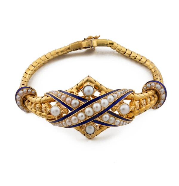 Victorian Gold Pearl and Enamel Bracelet, Spectrum Antiques - image 1