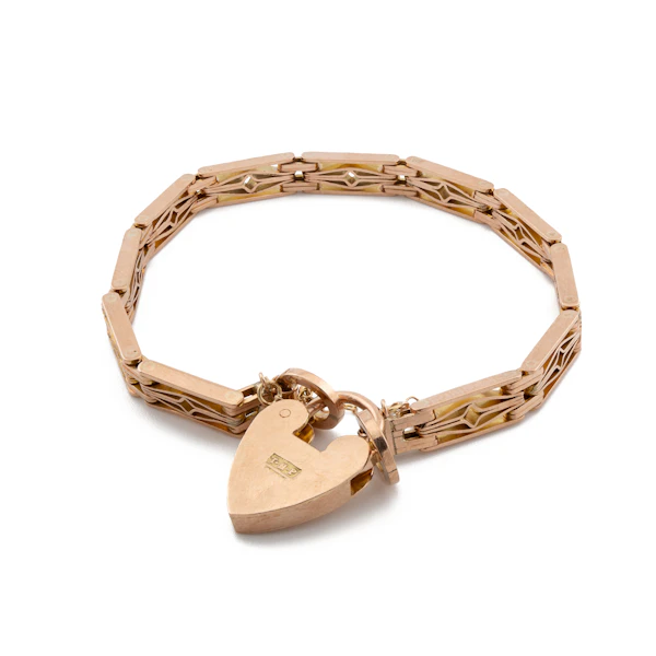 Edwardian Fancy Gate Link Bracelet with Heart Padlock in 9ct Rose Gold, Spectrum Antiques - image 4