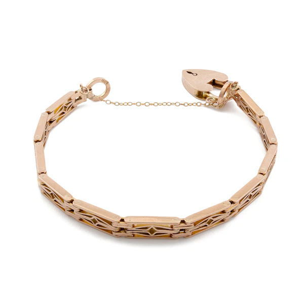 Edwardian Fancy Gate Link Bracelet with Heart Padlock in 9ct Rose Gold, Spectrum Antiques - image 3