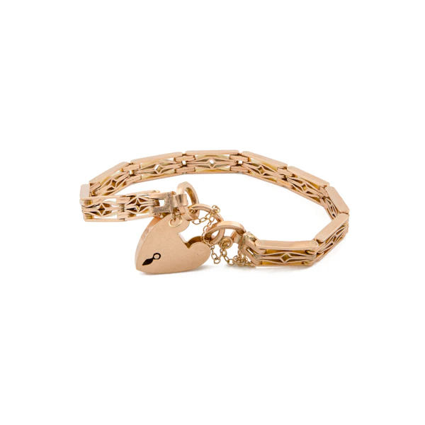 Edwardian Fancy Gate Link Bracelet with Heart Padlock in 9ct Rose Gold, Spectrum Antiques - image 1