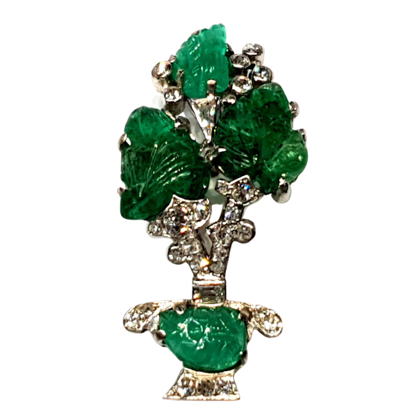 Carved emerald and diamond giardinetti brooch  DBGEMS - image 1