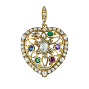 C19th heart locket with gem stones spelling ADORE