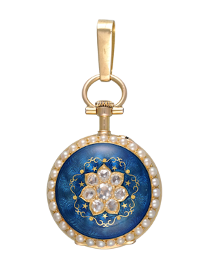DIAMOND AND PEARL SET ENAMELLED LADIES FOB WATCH