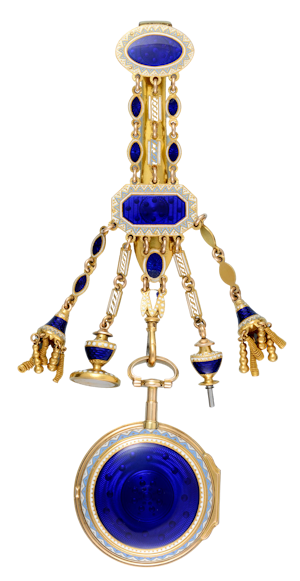 UNUSUAL ENGLISH GOLD AND ENAMEL CHATELAINE