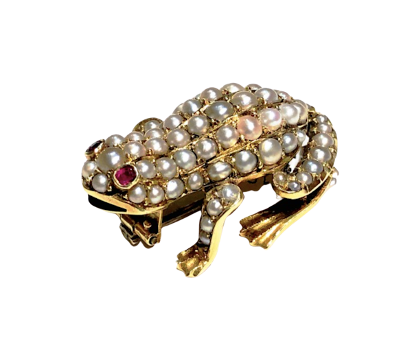 Antique Frog Brooch Gold Set With Pearls And Rubies Circa 1900 - image 1