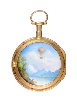 GOLD AND ENAMEL POCKET WATCH WITH RARE BALLOONING SCENE