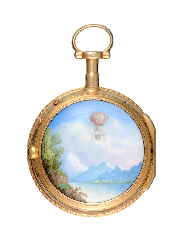 GOLD AND ENAMEL POCKET WATCH WITH RARE BALLOONING SCENE - image 1