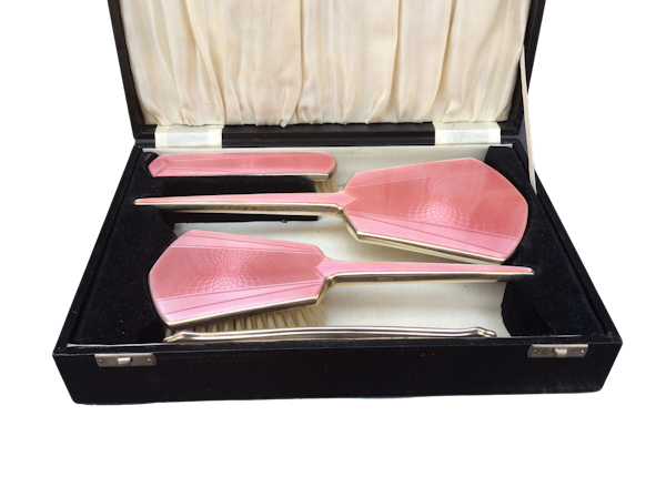 A silver pink enamel dresser set - image 1