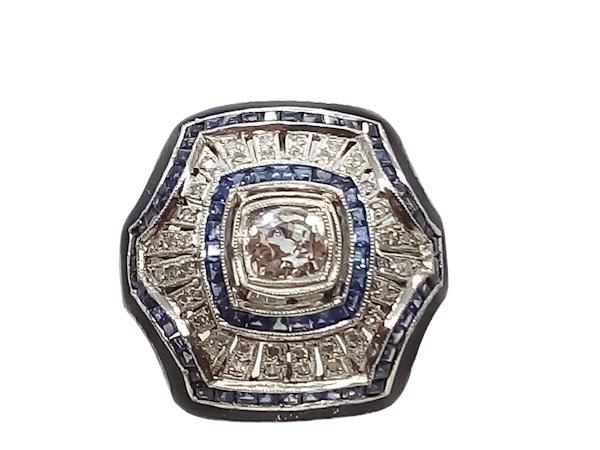 Deco Domed Sapphire and Diamond Sunburst Ring - image 1