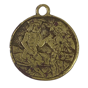 Fourteenth century engraved brass pendant