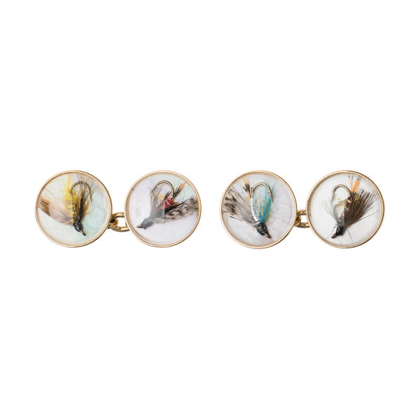 Vintage Crystal Cufflinks of Trout Flies on Mother of Pearl and Gold, English made 1997. - image 1