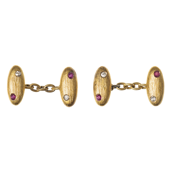 Antique Cufflinks in 14 Karat Textured Gold with a Ruby and Diamond, *Austrian circa 1890. - image 1