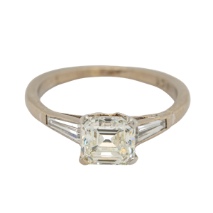 Diamond asscher cut solitaire ring with tapered  baguette shoulders