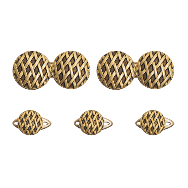 Antique Cufflinks & Studs in 18 Karat Gold with Criss Cross Design and inset Enamel, French circa 1890. - image 1