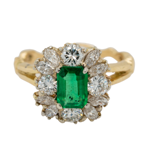 Emerald and diamond rectangular cluster  ring