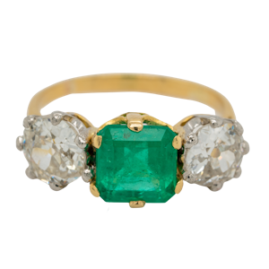 Emerald and diamond 3 stone ring