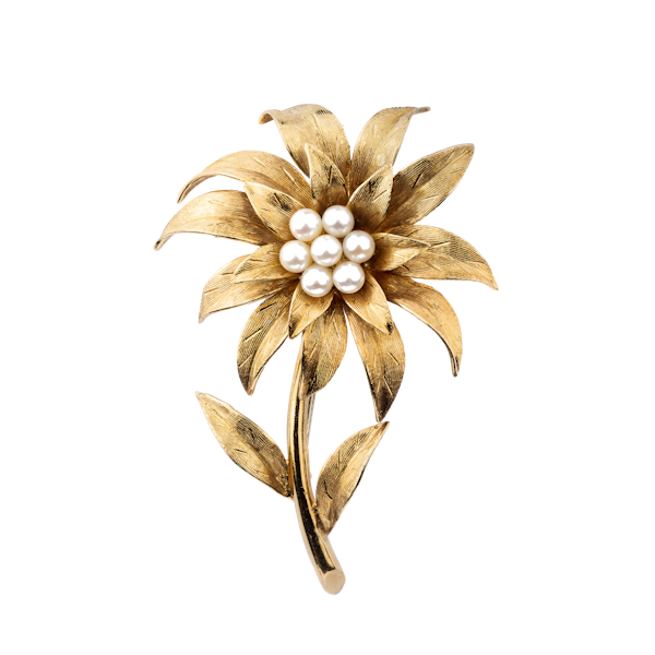 Gold Flower Brooch with Pearls - image 1