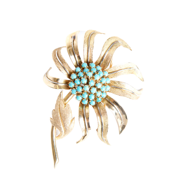 Antique Gold and Turquoise Flower Brooch - image 1