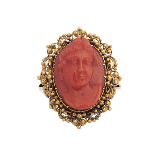 Antique Gold and Coral Cameo Ring - image 1