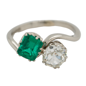 Emerald and diamond crossover  Art Deco ring