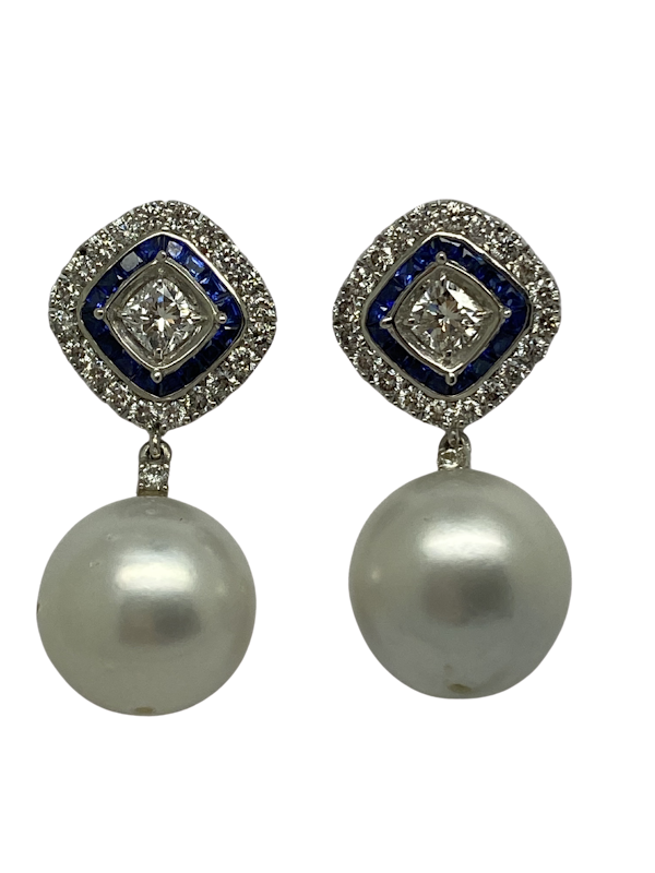 18K white gold Pearl, Diamond and Natural Blue Sapphire Earrings - image 1