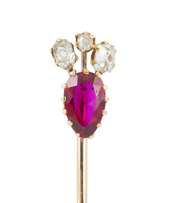 Antique Tie Pin with Pear Shaped Burma Ruby and a Crown of Diamonds, English circa 1890. - image 1