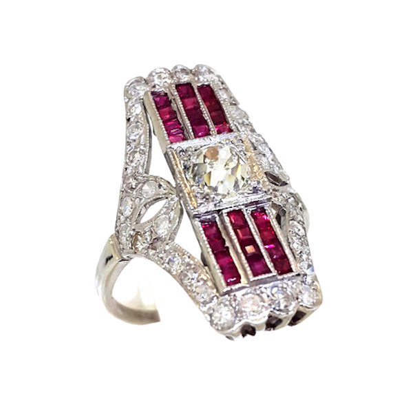 Art Deco Platinum Diamond Ruby Ring - image 1