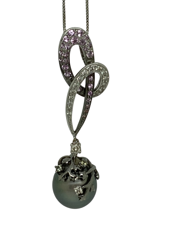 18K white gold Cultured Black Pearl, Diamond and Sapphire Pendant - image 1