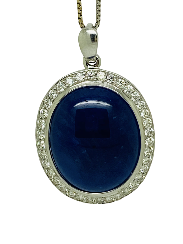 18K white gold 41.00ct Natural Cabochon Blue Sapphire and 2.05ct Diamond Pendant - image 2