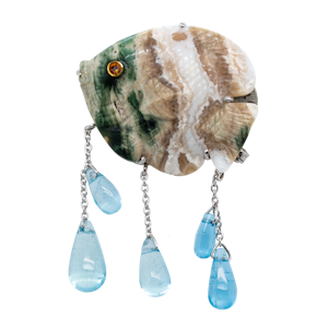 Jasper and aquamarine fish shaped gold brooch