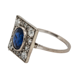 Sapphire  and diamond rectangular cluster ring