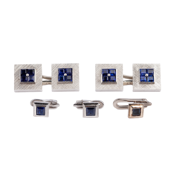 Art Deco Cufflinks & Studs Cartier Style in 18 Karat Gold with Square Sapphires, USA circa 1935. - image 1